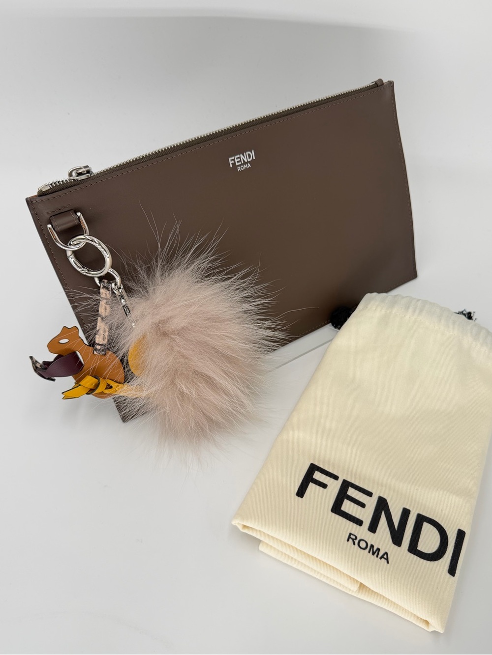 Fendi Limited Edition 100th Anniversary Leather Zip Pouch w/Squirrel Pom Charm🐿️